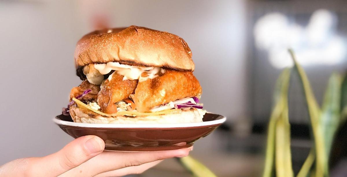 An image of the delicious chicken dumpling burger from Maiden's Lane